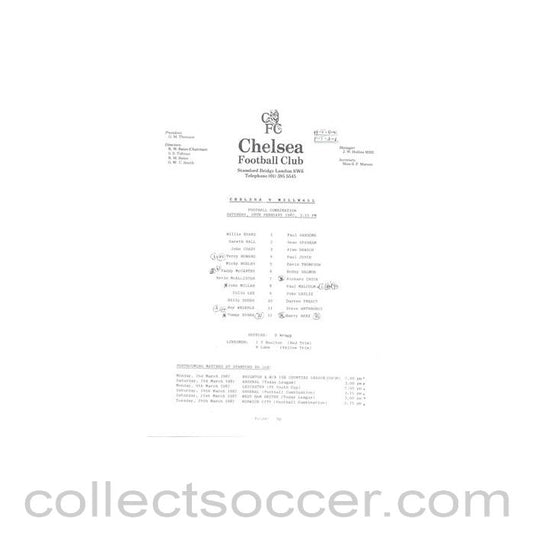 1987 - Chelsea v Millwall Reserves official teamsheet 28/02/1987 Football Combination