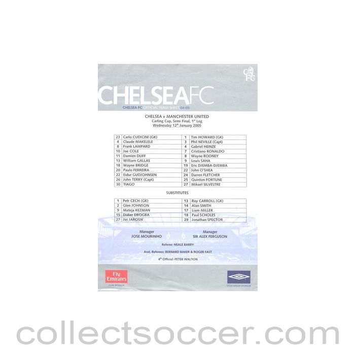 2005 - Chelsea v Manchester United official colour teamsheet 12/01/2005 Carling Cup Semi-Final 1st Leg