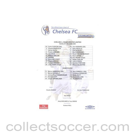 2003 - Chelsea v Manchester United official colour teamsheet 30/11/2003 Premier League