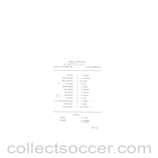 1981 - Chelsea v Oxford United Reserves official teamsheet 01/09/1981 Football Combination