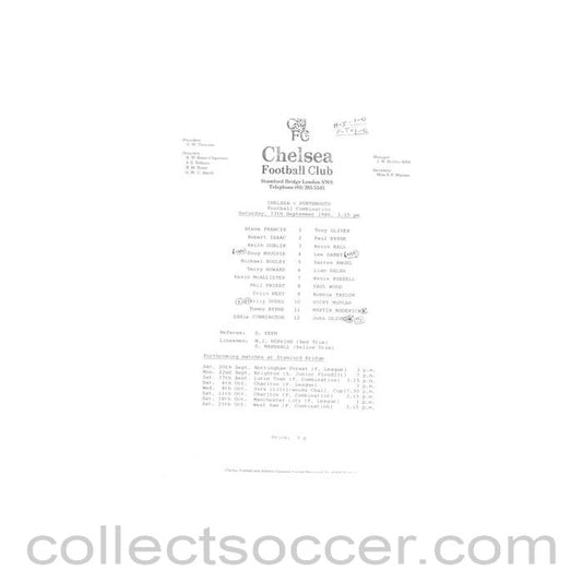 1986 - Chelsea v Portsmouth Reserves official teamsheet 13/09/1986 Football Combination