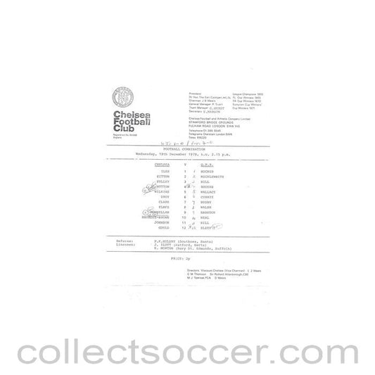 1979 - Chelsea v Queen's Park Rangers Reserves official teamsheet 19/12/1979 Football Combination