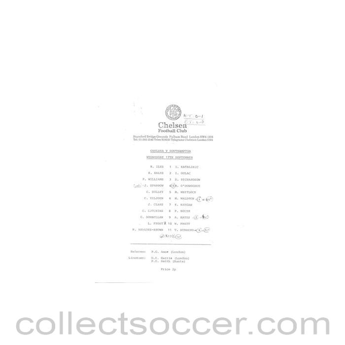 Chelsea v Southampton official teamsheet, unknown season