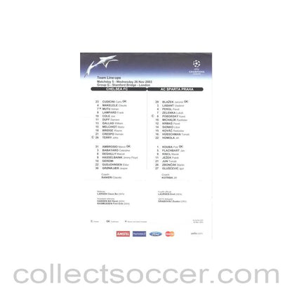 2003 - Chelsea v Sparta Prague official colour teamsheet 26/11/2003 Champions League