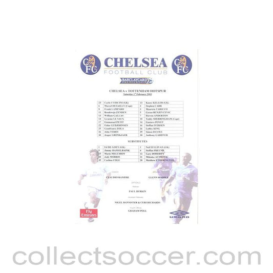 2003 - Chelsea v Tottenham Hotspur official colour teamsheet 01/02/2003 Premier League