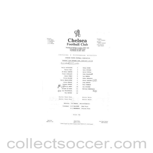 1989 - Chelsea v Tottenham Hotspur Reserves official teamsheet 17/10/1989 Football Combination