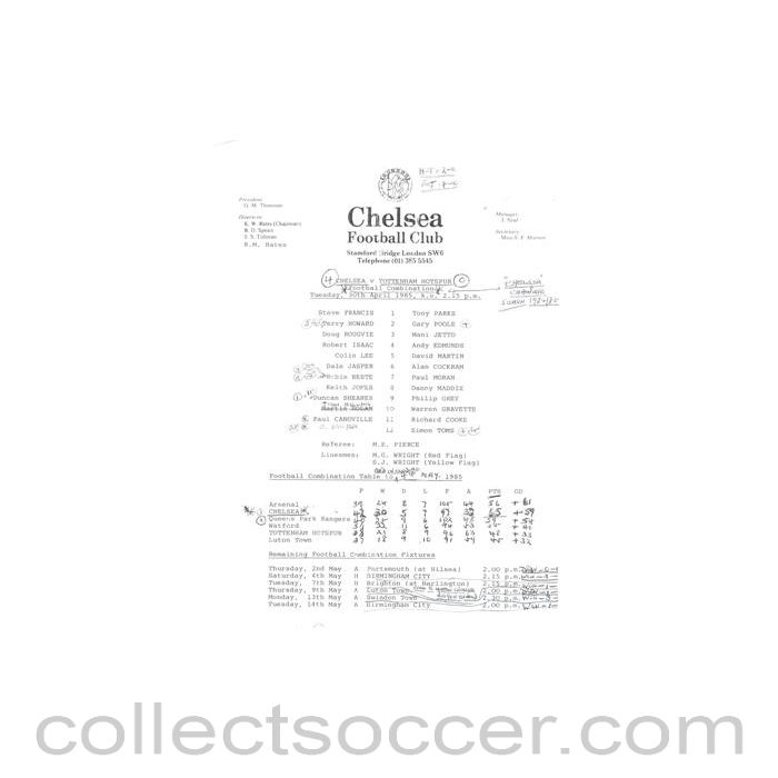 1985 - Chelsea v Tottenham Hotspur Reserves official teamsheet 30/04/1985 Football Combination