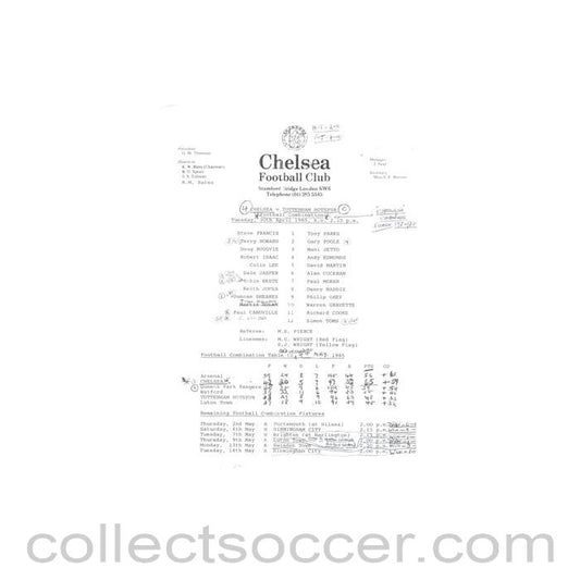 1985 - Chelsea v Tottenham Hotspur Reserves official teamsheet 30/04/1985 Football Combination