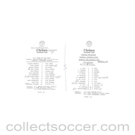 1980 - Chelsea v Tottenham Hotspur 30/12/1980 and Chelsea v Hereford 13/12/1980 Reserves official teamsheet Football Combination