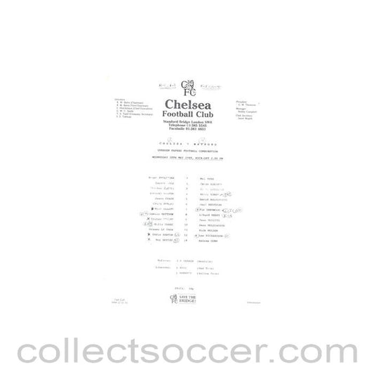 1989 - Chelsea v Watford Reserves official teamsheet 10/05/1989 Football Combination