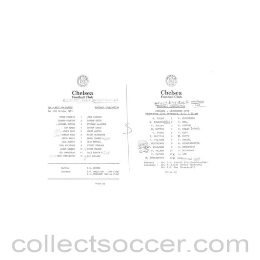1981 - Chelsea v West Ham United 13/10/1981 and Chelsea v Leicester 11/02/1982 Reserves official teamsheet Football Combination