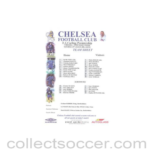 2000 - Chelsea v West Ham United official colour teamsheet 19/08/2000 Carling Premiership