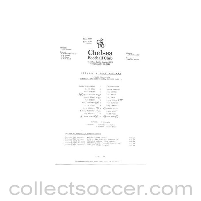 1986 - Chelsea v West Ham United Reserves official teamsheet 25/10/1986 Football Combination