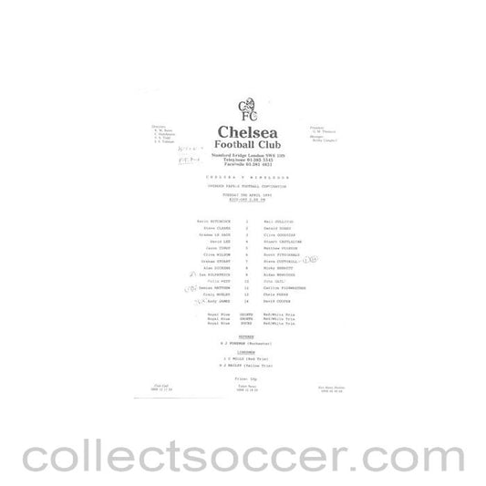 1990 - Chelsea v Wimbledon Reserves official teamsheet 03/04/1990 Football Combination