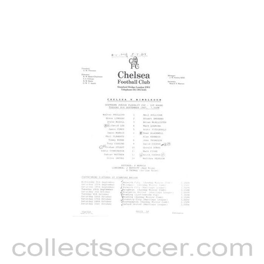 1987 - Chelsea v Wimbledon official teamsheet 08/09/1987 Southern Junior Floodlit Cup