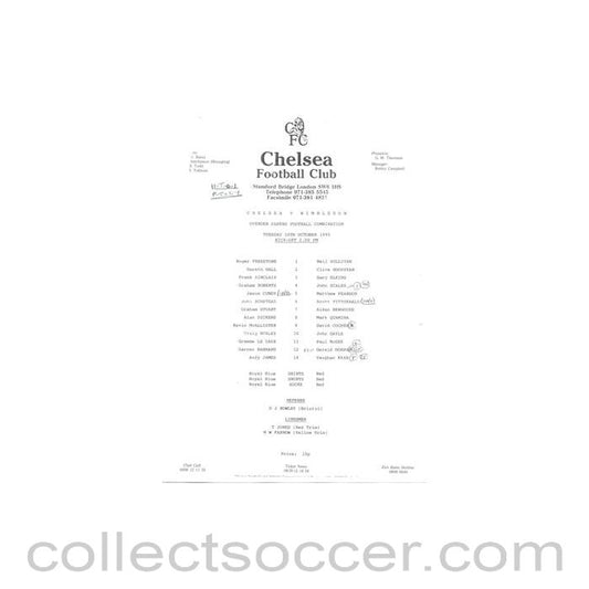 1990 - Chelsea v Wimbledon Reserves official teamsheet 16/10/1990 Football Combination