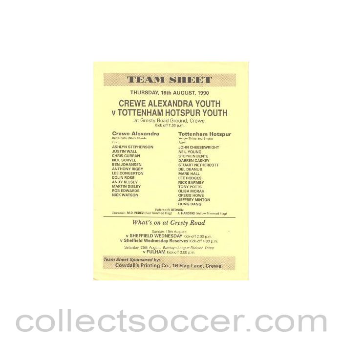 1990 - Crewe Alexandra v Tottenham Hotspur official programme 16/08/1990