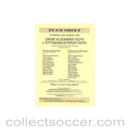 1990 - Crewe Alexandra v Tottenham Hotspur official programme 16/08/1990