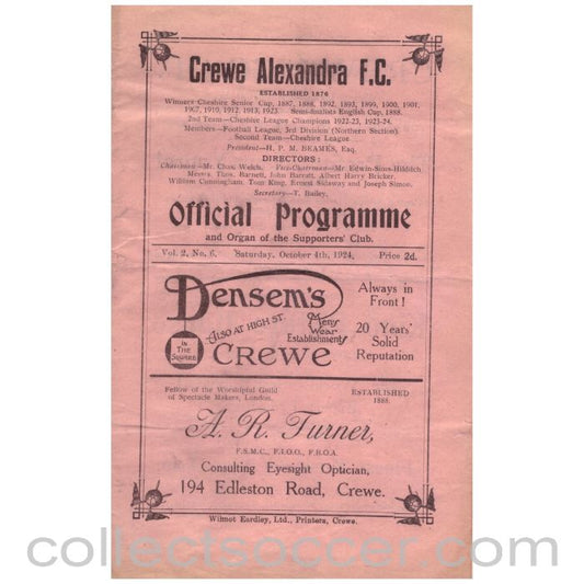 1924 Crewe Alexandra v Doncaster Rovers Football Programme