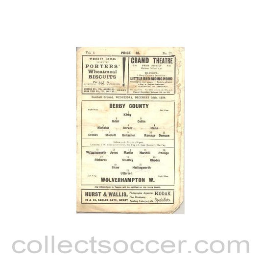 1934 - Derby County v Wolverhampton Wanderers official programme 26/12/1934