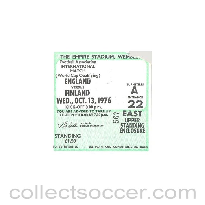 1976 - England v Finland ticket 13/10/1976 at Wembley