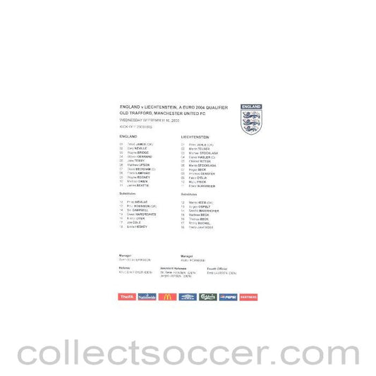 2003 - England v Lichtenstein official colour printed teamsheet 10/09/2003, a Euro 2004 qualifier at Old Trafford, Manchester United