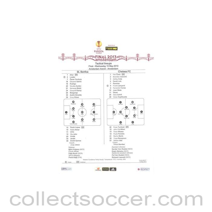 2013 Europa League Final - Chelsea v Benfica official teamsheet 15/05/2013