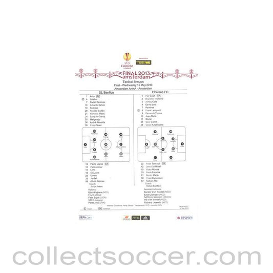 2013 Europa League Final - Chelsea v Benfica official teamsheet 15/05/2013