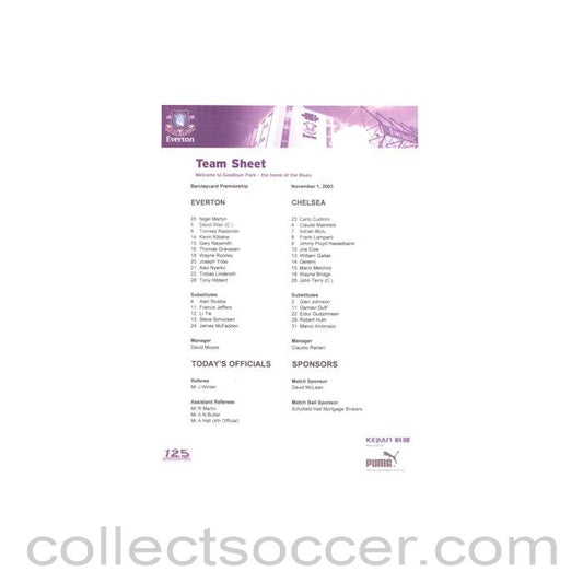 2003 - Everton v Chelsea official colour teamsheet 01/11/2003 Premier League