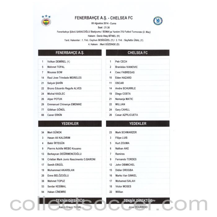 2014 - Fenerbahce v Chelsea Official Colour Teamsheet Programme 8/8/2014