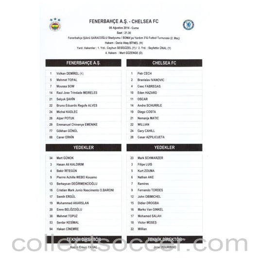 2014 - Fenerbahce v Chelsea Official Colour Teamsheet Programme 8/8/2014