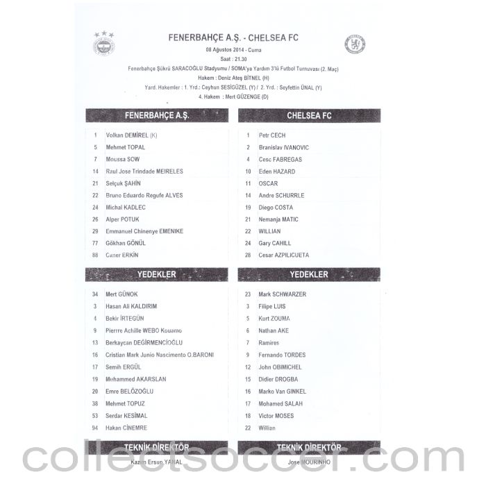 2014 - Fenerbahce v Chelsea Official Press Teamsheet Programme 8/8/2014