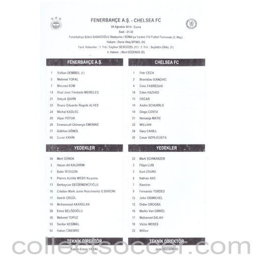 2014 - Fenerbahce v Chelsea Official Press Teamsheet Programme 8/8/2014