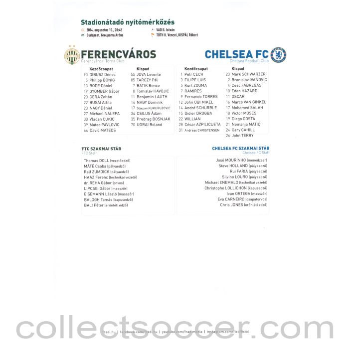 Ferencvaros V Chelsea Official Colour Teamsheet 10/08/2014