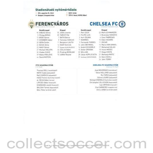 Ferencvaros V Chelsea Official Colour Teamsheet 10/08/2014