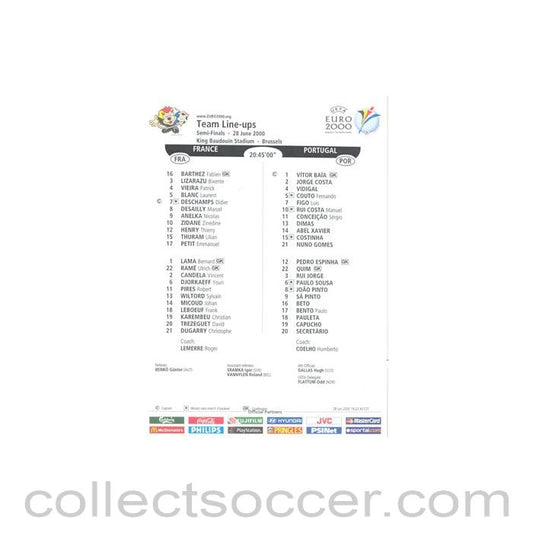 2000 - Euro 2000 - France v Portugal 28/06/2000 Teamsheet