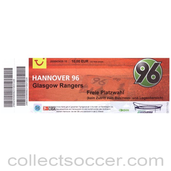 2007 Hannover 96 v Glasgow Rangers Football Ticket
