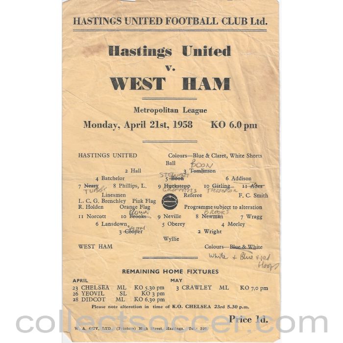 1958 Hastings United v West Ham United Football Programme