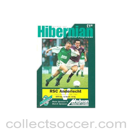 1992 - Hibernian v Anderlecht official programme 15/09/1992 UEFA Cup