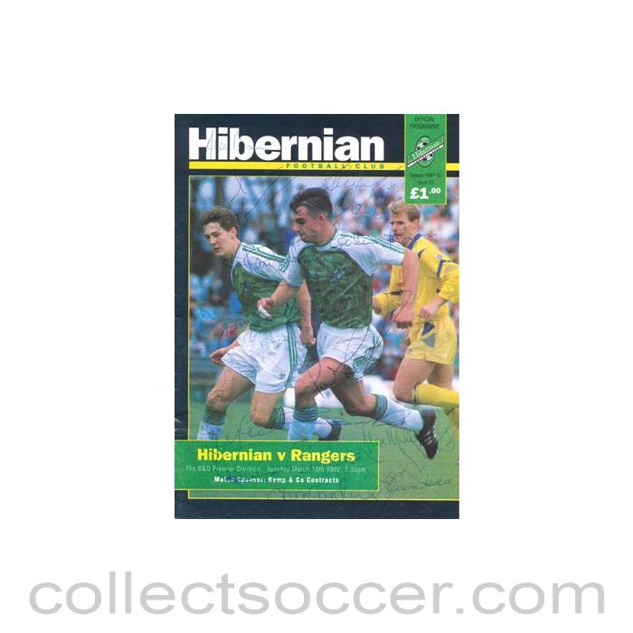 1992 - Hibernian v Glasgow Rangers official programme 10/03/1992 Premier League, fully signed