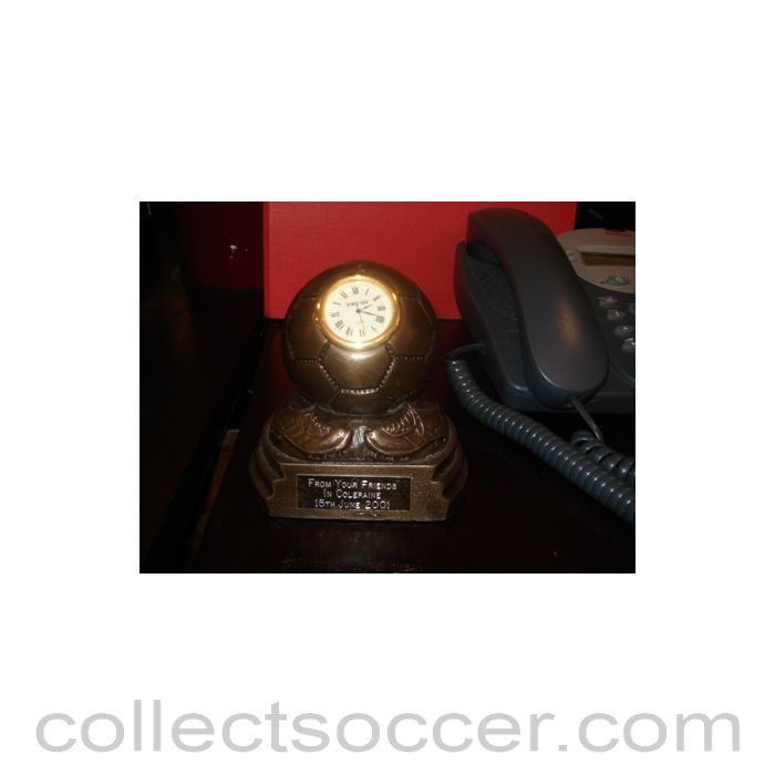 2001 - Awarded to Alan Kennedy Cup desk clock, signed: 'From Your Friends In Coleraine 15th June 2001'