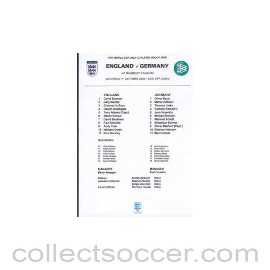 2000 - England V Germany 07/10/2000 Last at Wembley Teamsheet, 2002 World Cup Qualifier