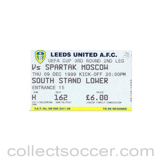 1999 - Leeds United v Spartak Moscow ticket 09/12/1999 UEFA Cup
