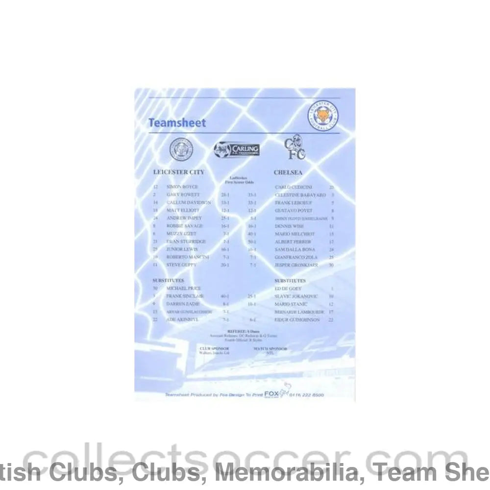 Leicester City v Chelsea official colour teamsheet