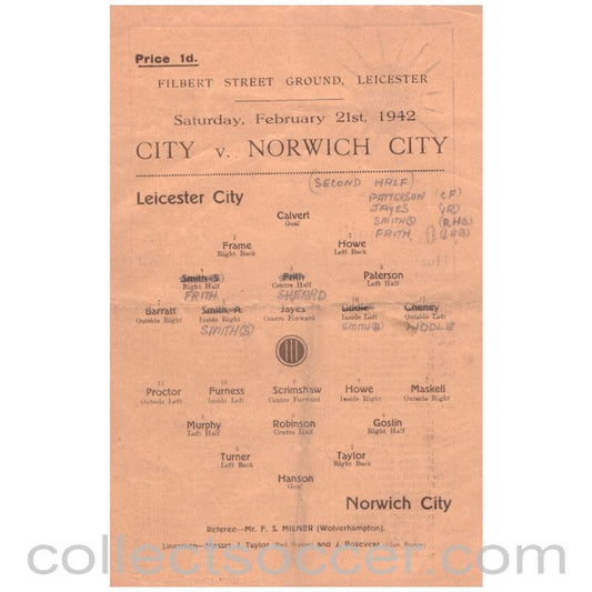 1942 Leicester City v Norwich City Programme