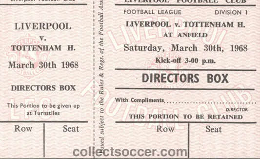 Liverpool V Tottenham Hotspur 30/3/1968 Mint Unused Ticket