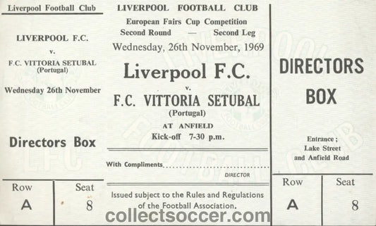 Liverpool v Vitoria Setubal 26/11/1969 Rare Mint Ticket