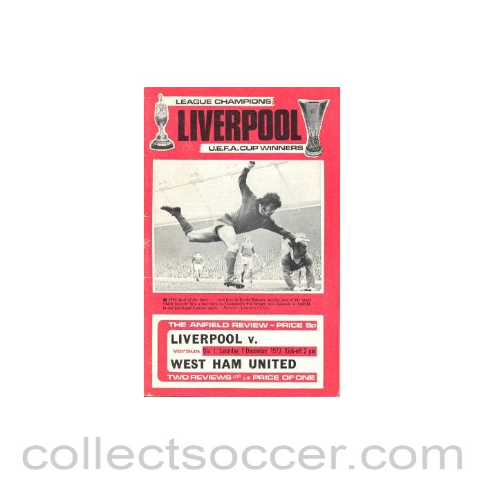 1973 - Liverpool v West Ham United fficial programme 01/12/1973