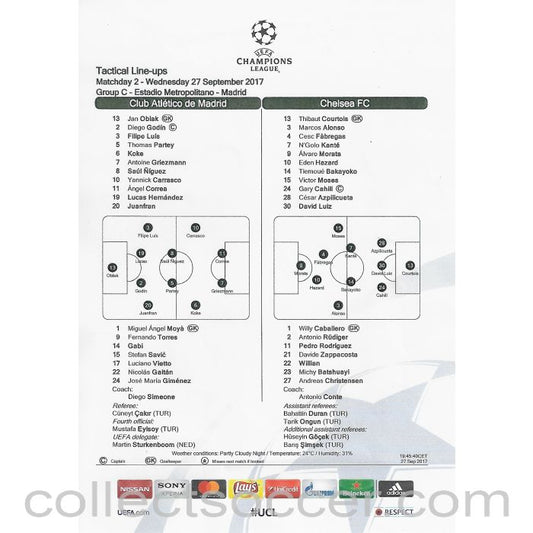 2017 - Atletico Madrid v Chelsea Teamsheet/Programme 27/09/2017