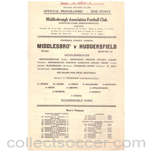 1944 Middlesbrough v Huddersfield Football Programme